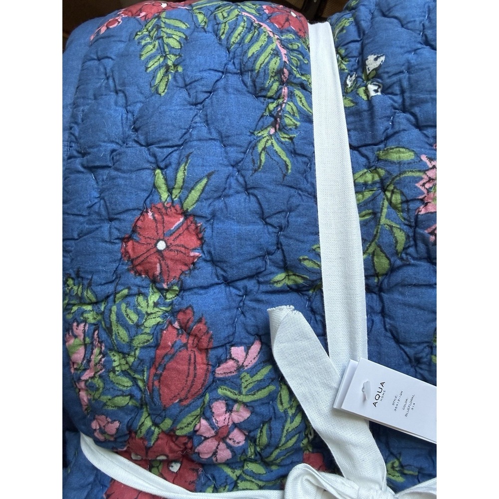 Aqua QUEEN Quilt & Shams Set Reversible Blue Toile Printed Floral Cotton Navy - Picture 4 of 11